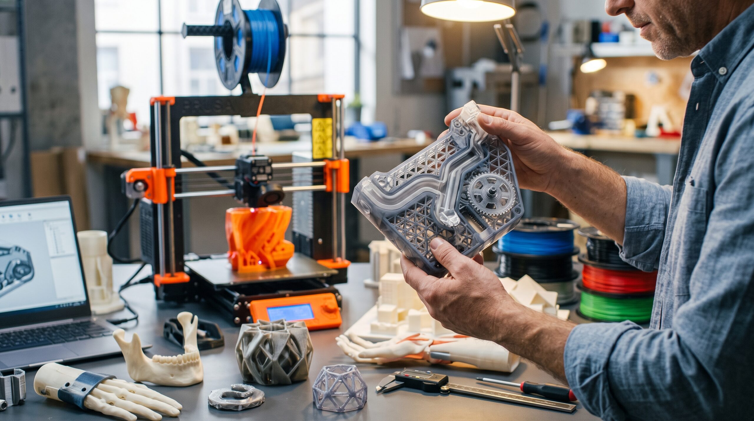 An engineer demonstrating the benefits of 3D printing by holding a complex custom mechanical prototype in a workshop.