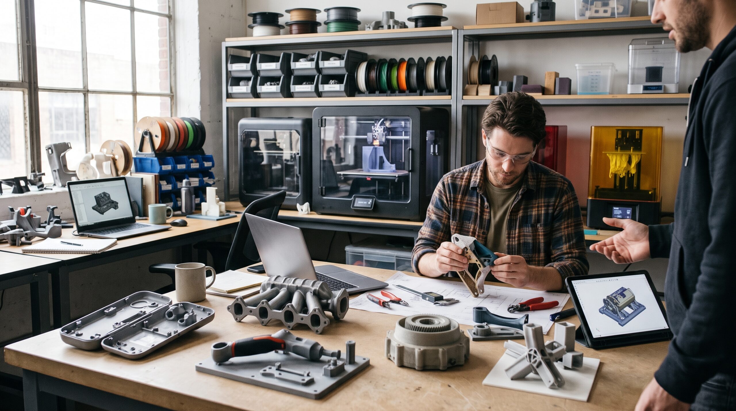 Product designers reviewing 3D-printed parts, showcasing practical ways 3D printing helps businesses prototype faster.