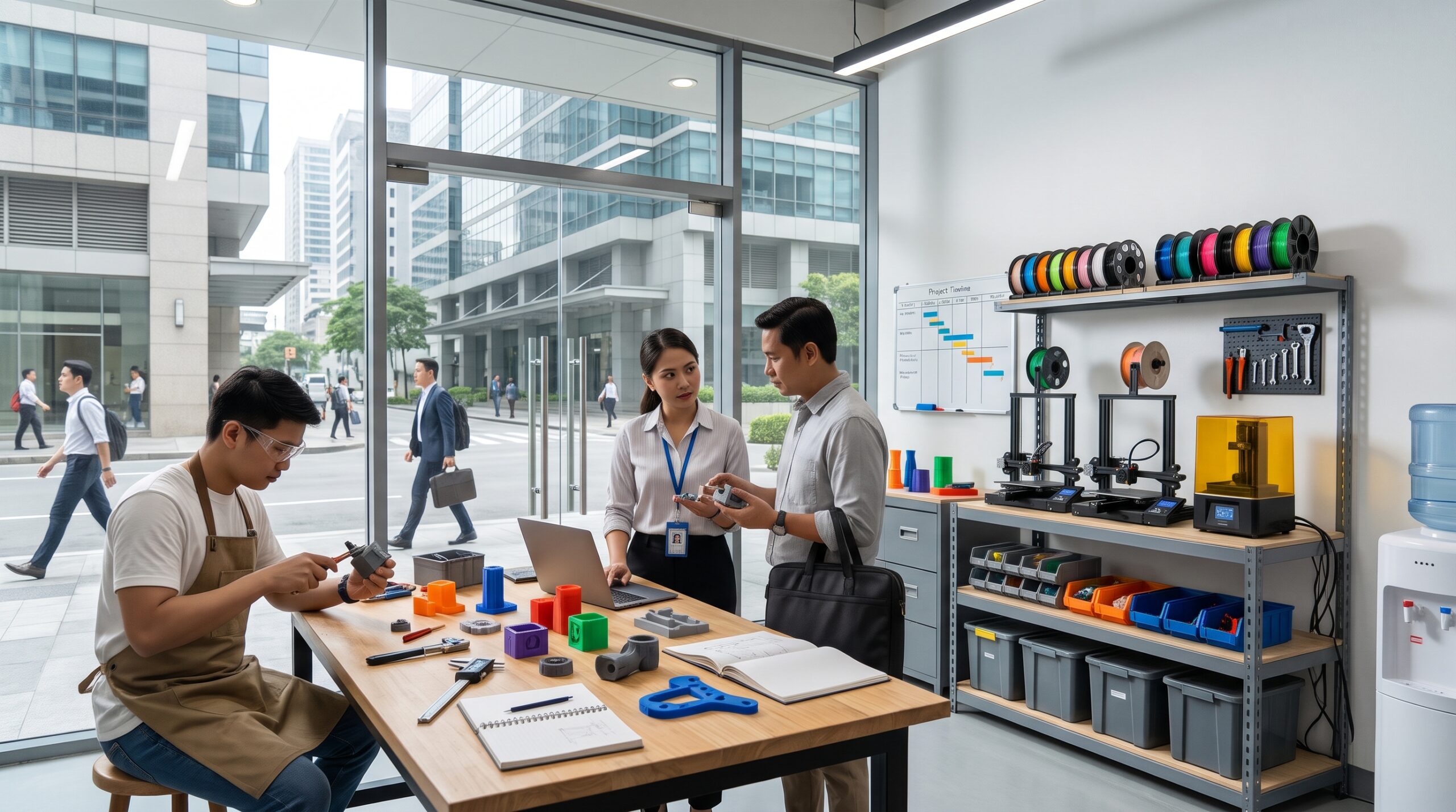 A team collaborating in a modern workshop, demonstrating practical applications of 3D printing for small businesses in a vibrant business district.